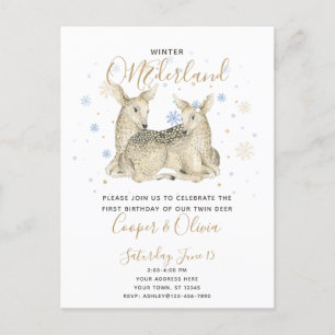 Invitation Carte Postale Twins Winter ONEderland Deer Baby's 1st Birthday