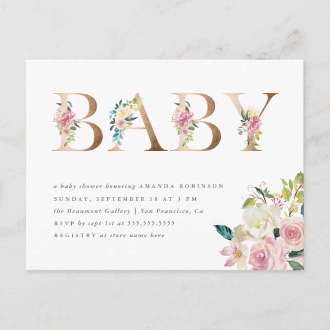 Invitation Carte Postale Typographie chic Aquarelle Floral Baby shower or (Devant)