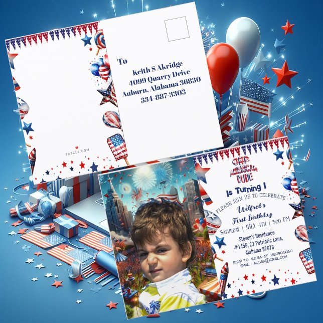Invitation Carte Postale Un Américain Dude 4 Juillet Rouge Blanc Bleu Anniv (One American Dude 4 July Red White Blue Birthday Invitation Postcard)