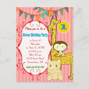 Invitation Carte Postale Un an Cirque Elephant Monkey Giraffe Party