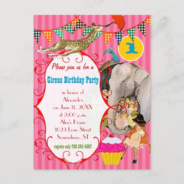 Invitation Carte Postale Un an Cirque Elephant Peacock Giraffe Party (Devant)