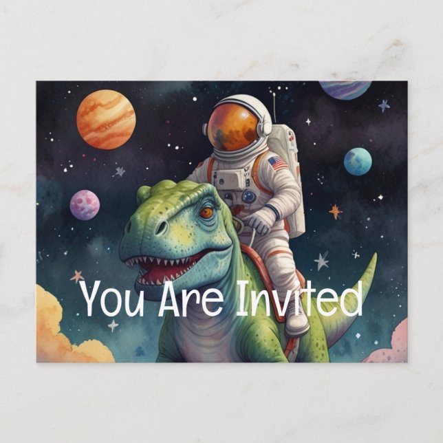Invitation Carte Postale Un astronaute sur Dino dans l'espace (Devant)