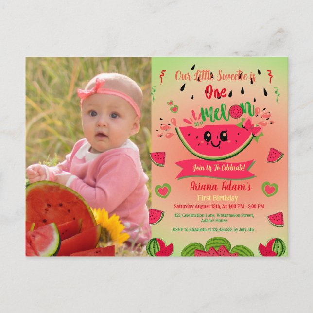 Invitation Carte Postale Un Dans Un Melon Watermelon Photo Premier Annivers (Devant)