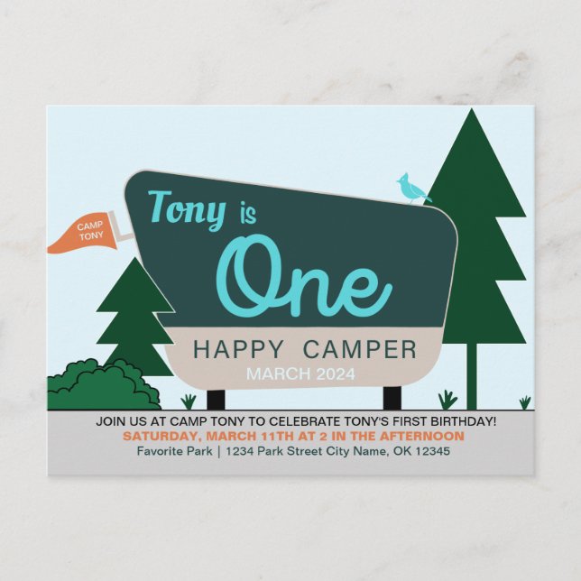 Invitation Carte Postale UN HEUREUX CAMPER - Premier anniversaire (Devant)