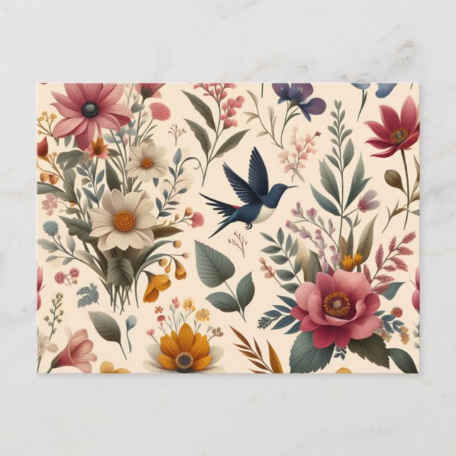 Invitation Carte Postale un motif à fleurs surmonté d'un oiseau (Devant)