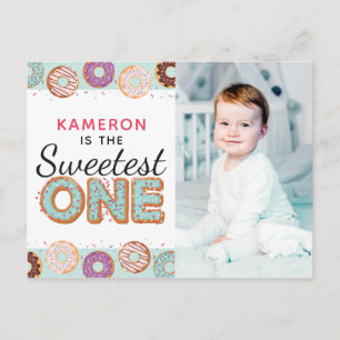 Invitation Carte Postale UNE Bleue Bleue Iced Donuts Premier Anniversaire P