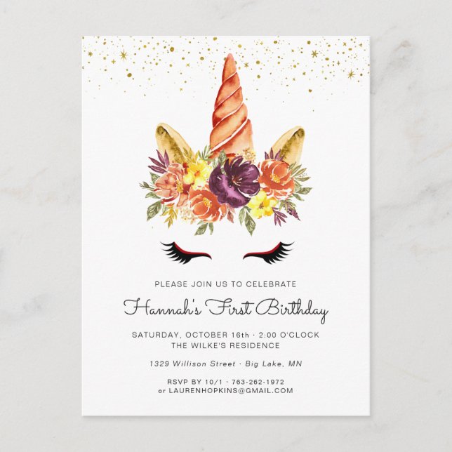 Invitation Carte Postale Unicorn Visage Automne Floral Anniversaire Invitat (Devant)