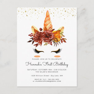Invitation Carte Postale Unicorn Visage Automne Floral Anniversaire Invitat