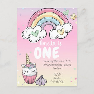 Invitation Carte Postale Unicorne arc-en-ciel