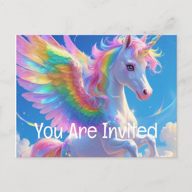 Invitation Carte Postale Unicorne de la danse ailée arc-en-ciel (Devant)
