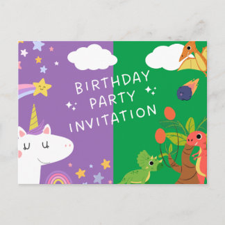 Invitation Carte Postale Unicorne & Dinosaur