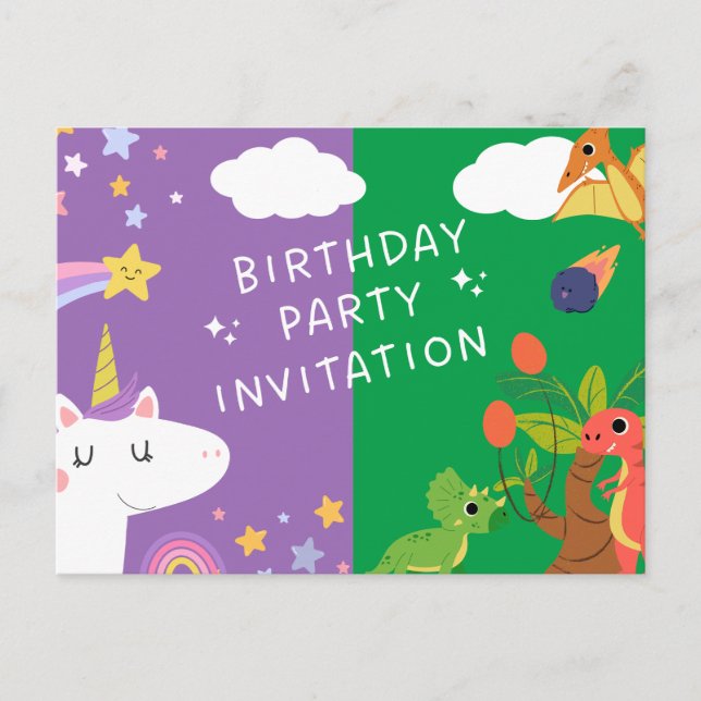 Invitation Carte Postale Unicorne & Dinosaur (Devant)