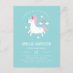 Invitation Carte Postale Unicorne magique, étoiles et Rainbow fête d'annive