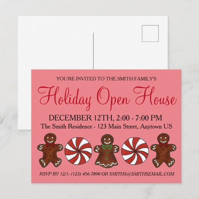 Invitation Carte Postale Vacances Open House Gingerbread Cookie Peppermenth (Devant / Derrière)