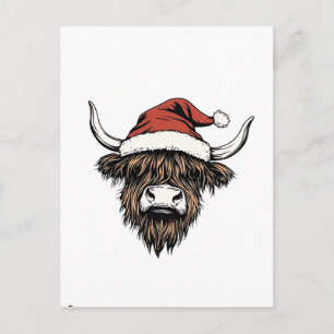 Invitation Carte Postale Vache des Highlands Noël Xmas Santa Laineuse Ferme