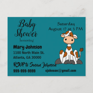 Invitation Carte Postale Vache drôle avec Baby shower de points de coeur