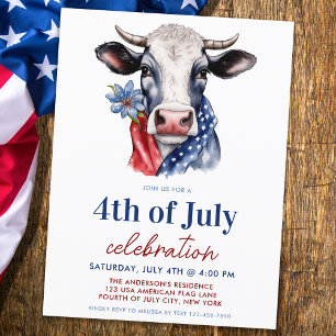 Invitation Carte Postale Vache patriotique 4 juillet Rouge Blanc & Bleu