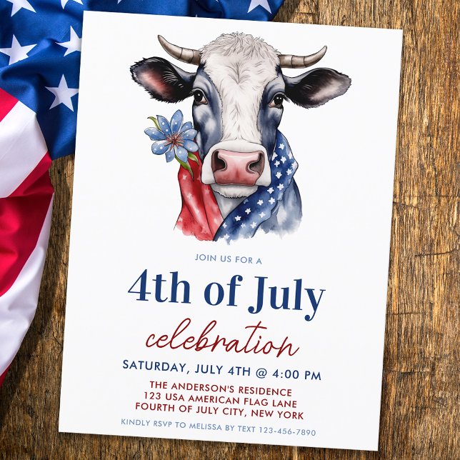 Invitation Carte Postale Vache patriotique 4 juillet Rouge Blanc & Bleu (Créateur téléchargé)