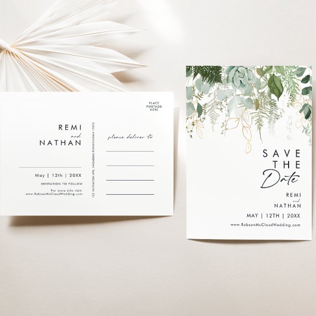 Invitation Carte Postale Végétal et feuille d'or écriture Save The Date (Créateur téléchargé)