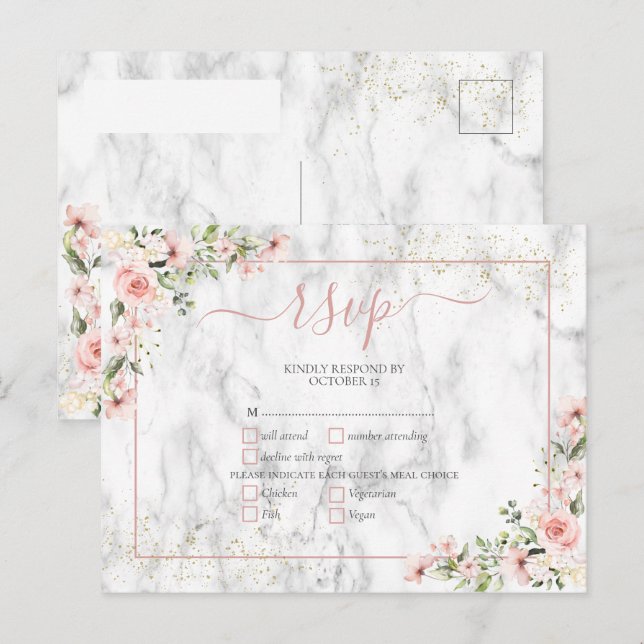Invitation Carte Postale Végétation dorée Dusty Rose Floral RSVP (Devant / Derrière)