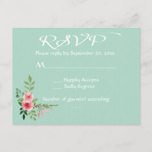 Invitation Carte Postale Vert Menthe Floral Réponse Rose Rose Fleurs Mariag