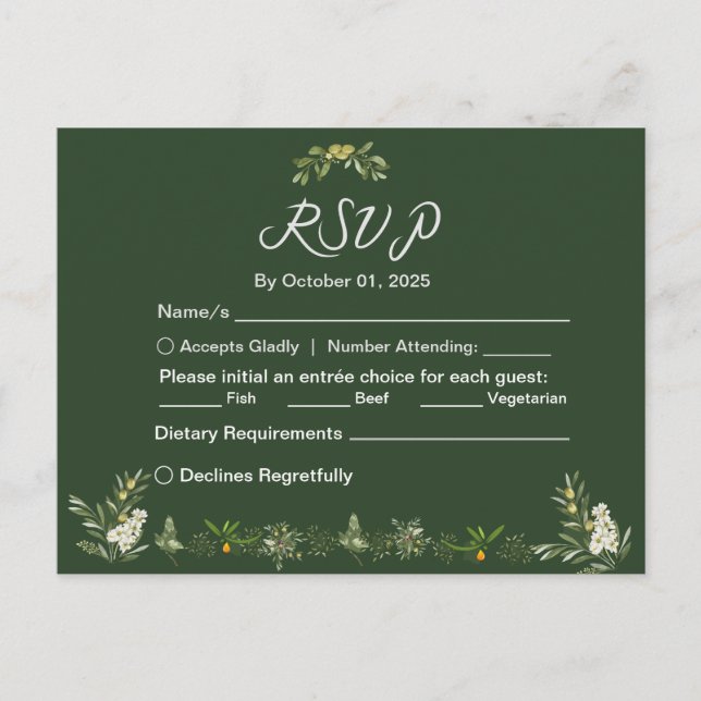 Invitation Carte Postale Vert olive moderne RSVP (Devant)
