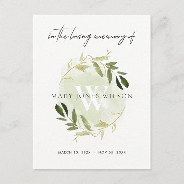 INVITATION CARTE POSTALE VERT OR FAUNA WREATH SYMPATHIE SERVICE MÉMORIAL (Devant)