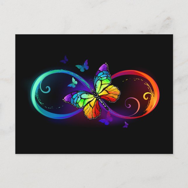 Invitation Carte Postale Vibrant infinity with rainbow butterfly on black (Devant)