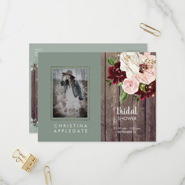 Invitation Carte Postale Vin & Blush Floral Sage Photo Fête des mariées (Devant/Arrière en situation)