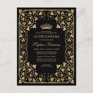 Invitation Carte Postale Vintage Black Glam Gold Frame Tiara Quinceanera