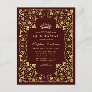 Invitation Carte Postale Vintage Bourgogne Rouge Or moderne Tiara Quinceane