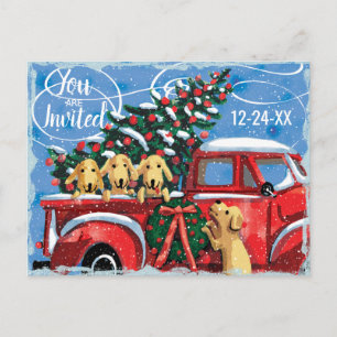 Invitation Carte Postale Vintage Camion rouge avec fête de Noël des chiens