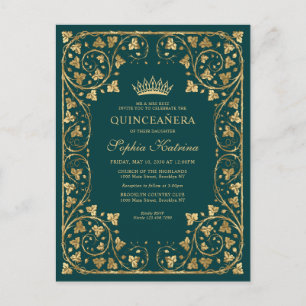 Invitation Carte Postale Vintage Emerald Green Gold Frame Tiara Quinceanera