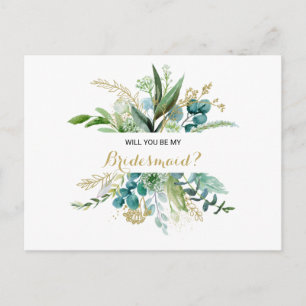 Invitation Carte Postale Vintage or et vert Eucalyptus Bridesmaid
