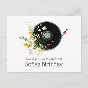 Invitation Carte Postale Vinyl Record, floral, Oldies Rustique, musique fém