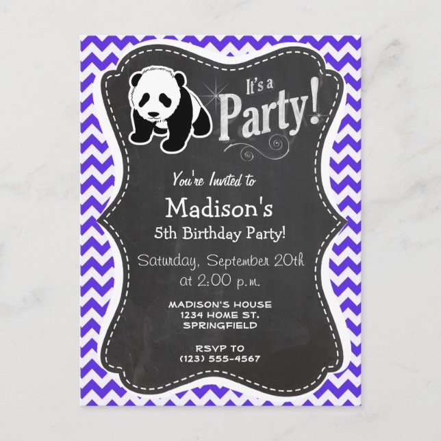 Invitation Carte Postale Violet bleu Chevron; Panda (Devant)