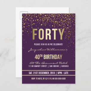 Invitation Carte Postale Violet   Gold Confetti 40e fête d'anniversaire
