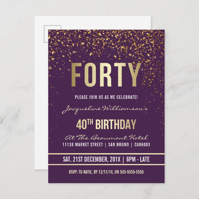 Invitation Carte Postale Violet | Gold Confetti 40e fête d'anniversaire (Devant / Derrière)