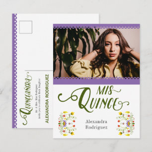 Invitation Carte Postale Violet traditionnel Mexique Floral Photo Quinceane