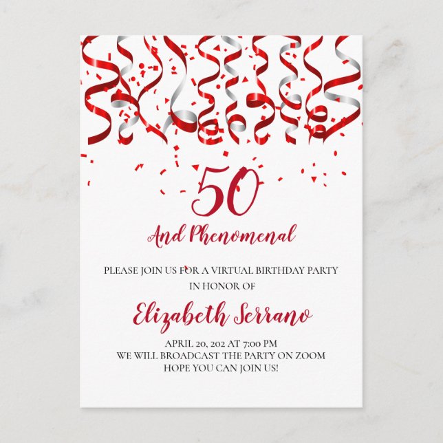 Invitation Carte Postale Virtual 50th Birthday Party Red Streamers (Devant)