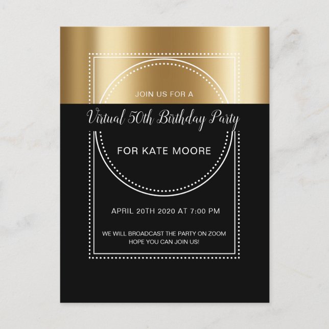 Invitation Carte Postale Virtual Birthday Party Metallic Gold sur Black 50t (Devant)