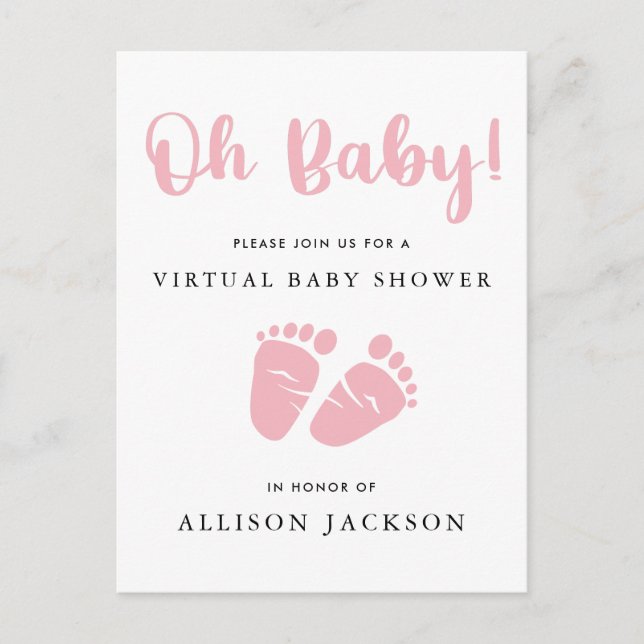Invitation Carte Postale Virtual Oh Baby rose bébé pieds Baby shower fille (Devant)
