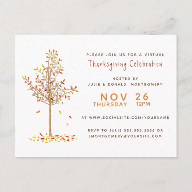 Invitation Carte Postale Virtual Thanksgiving Aquarelle Arbre d'automne Feu (Devant)