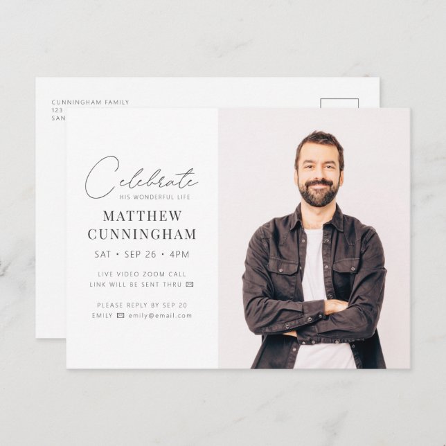 Invitation Carte Postale Virtuel Célébrer sa vie Photo simple moderne (Devant / Derrière)