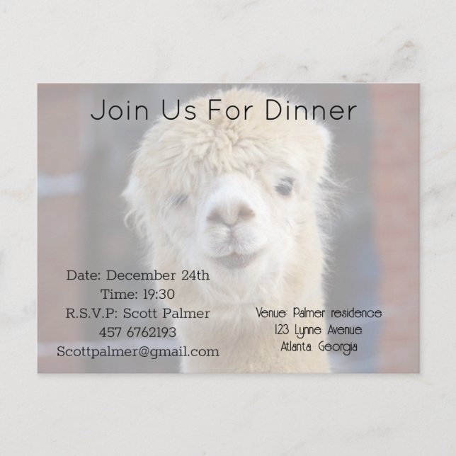 Invitation Carte Postale Visage d'alpaca mignon        (Devant)