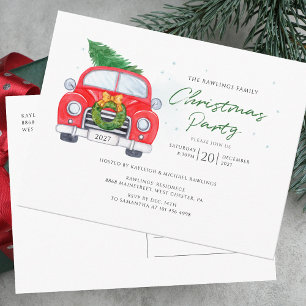 Invitation Carte Postale Voiture rouge vintage avec Noël Tree Family Party