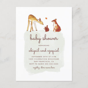 Invitation Carte Postale Watercolor Baby shower d'amis animaux de bois