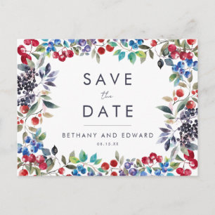 Invitation Carte Postale Watercolor Berry Mariage d'été Enregistrer la date