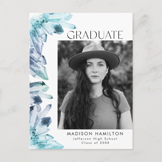 Invitation Carte Postale Watercolor Blue Crystal Photo Graduation Party (Devant)