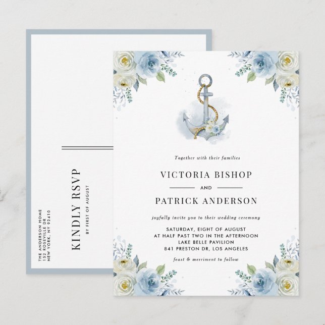 Invitation Carte Postale Watercolor Blue Floral Anchor Nautical Wedding (Devant / Derrière)